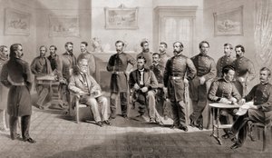 Generaal Ulysses S. Grant (zittend midden rechts) en Generaal Robert E. Lee (zittend midden links) met hun respectieve staf bij het Appomattox Courthouse, Virginia waar Generaal Lee het leger van Noord-Virginia overgaf en daarmee de Amerikaanse Burgeroorlo door Unbekannt