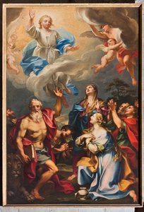 Genua, Duomo (Sint-Laurenskathedraal), binnen, zuidelijke zijbeuk, zuidelijke muur: "De Hemelvaart met Sint-Hieronymus, de Magdalena en heiligen" (circa 1694)
