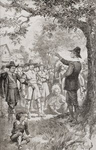 George Fox die in 1671 in Maryland, Amerika, predikt voor een menigte tijdens een vierdaagse bijeenkomst van lokale Quakers. George Fox door Unbekannter Künstler