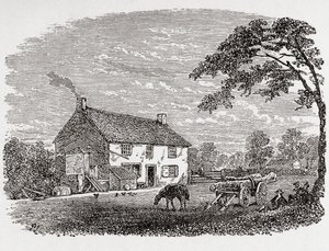 Geboorteplaats van George Stephenson. Een 18e-eeuws stenen huisje, het huis van George Stephenson, Wylam, Northumberland, Engeland, hier gezien in de 19e eeuw. Uit Great Engineers, gepubliceerd ca. 1890 door Unbekannter Künstler