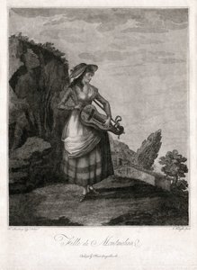 Meisje uit Montmelian, in Gironde, die het oude wiel speelt (gravure) door Unbekannter Künstler