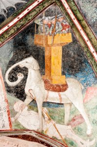 Gotische fresco; Eleazar Awaran doodt de oorlogsolifant Soliman en wordt verpletterd; 3. klooster; kathedraal; Brixen; Zuid-Tirol; Italië; Europa