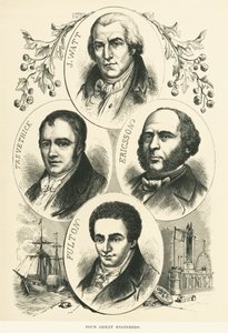 Grote ingenieurs en uitvinders: James Watt, John Ericsson, Robert Fulton, Richard Trevithick, ca. 1880 door Unbekannt