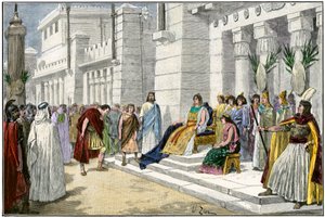Griekse en Romeinse mythologie: Didon (of Elisha of Elissa), legendarische stichter en eerste koningin van Carthago (Tunesië), ontvangt Enee, de held van de Trojaanse Oorlog en stichter van Lavinium, oorspronkelijk uit Rome (Italië) - Kleurgravure 19e eeuw door Unbekannter Künstler