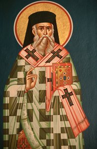 Grieks-orthodoxe icoon die een heilige bisschop uitbeeldt Thessaloniki Griekenland
