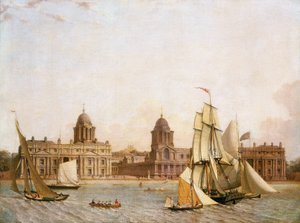 Greenwich Hospital (Engeland), vanaf Isle of Dogs (noordelijke oever van de Theems), met de navigatie van verschillende boten op de rivier