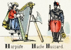 H - Harpist Bijl Huzaren - Alfabet - Kindervermaak - Beeld van Epinal, populaire serie ca. 1890 (illustratie)