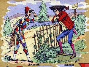Harlekijn en Bobeche. Geïllustreerd alfabet. Beelden verenigd in Jarville-Nancy, begin 20e eeuw. Dim: 40 x 29 cm. Lithografie op een bistre achtergrond door William M. Timlin