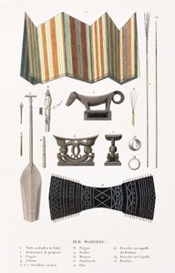 Harpoenen, hoofdsteunen en andere items uit Waigiou, Indonesië