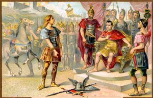 Geschiedenis. Oud Rome. Vercingetorix (leider van een Gallische stam: de Averni) geeft zich over aan Julius Caesar in Alesia, 52 v.Chr. Beeld, Frankrijk, ca. 1900. door Unbekannter Künstler