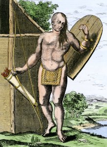 Geschiedenis van inheemse volkeren: Een Indiaan uit Canada met een schild, een boog en pijlen in een koker