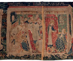 Geschiedenis van Sint Piat en Sint Eleuthère, ook wel tapijt van Arras genoemd. Besteld door kanunnik Toussaint Prier, kapelaan van de hertog van Bourgondië, eind 14e-begin 15e eeuw. Detail door Alec Hunter