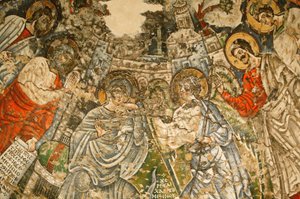 Heilige Maagd en Sint Jan Kame koptisch klooster: 9e eeuw fresco: De aankondiging. Maria is omringd door profeten Mozes, Jesaja, Ezechiël en Daniël. Egypte door Unbekannt