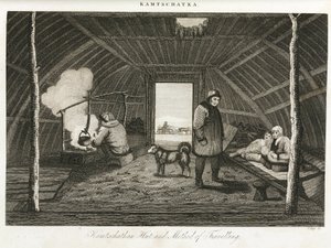 Hut van Kamtsjatka (verre oostelijke schiereiland van Rusland) en transport slee, circa 1810 door Unbekannt