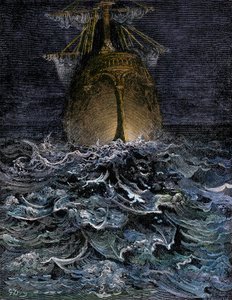 Ik keek naar de ontbinding van de zee, de romp van een schip op zee 