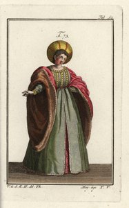 Italiaanse edelvrouw in hofkleding met bontgevoerde jas met volumineuze mouwen