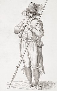 Italiaanse boer die dulzaina speelt, naar een 16e-eeuws werk van Cesare Vecellio, uit 