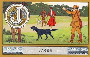 J : Jager - Alfabet Palmin. Serie chromolithografieën uitgegeven door H. Schlinck & Cie, Hamburg, s. d. . Reclame voor Palmin feinstes Cocosfett. Afmetingen: 7 x 11 cm