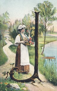 J : Een vrouw in een lange rok, schort en lijfje draagt een mand met bloemen. Landelijke omgeving - Alphabet personages Ref Th. E., L. Theochrom - Serie 994. Theodor Eisman, uitgever, Leipzig