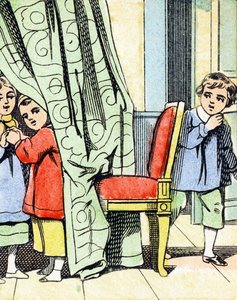 Spel: Verstoppertje - Alfabet - Kindervermaak - Beeld van Epinal, populaire serie ca. 1890 (illustratie)