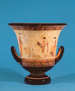 Kalyx krater met Hermes die de baby Dionysus aan de nimfen overhandigt, Etruskisch, c.460 v.Chr. door Unbekannt