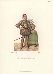 Koning Rudolf II, Heilige Roomse Keizer, Koning van Bohemen, Aartshertog van Oostenrijk (1552-1612). In kanten kraag, plaatpantser versierd met goud, gesneden gewatteerde kousen en maliënkousen. Chromolithografie uit Hefner-Alteneck