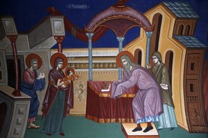 Kykkos klooster, Cyprus. Fresco van de presentatie van Jezus in de tempel, 20150510, Pedoulas, Cyprus