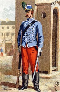 L: Huzaar. Gravure in "Militair Alfabet". Initialen van de illustrator: A. D. Onbekende uitgever. Chromolithografieën eind 19e eeuw. door Unbekannt