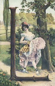 L - Een vrouw met bloemen in haar haar tilt haar rokken op om een danspas te maken. Landelijk decor - Alphabet personnages, Theodor Eisman, Leipzig