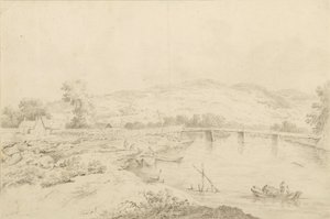 Landschap aan de rivier, met bruggen en boten