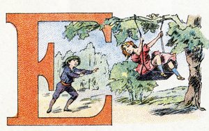 Letter E: Schommel. Alfabet van Phosphatine Falieres. Gravure. Brevete alfabet S.G.D.G. door apotheker Pierre Emile Falieres. Illustraties in chromolithografie, eind 19e eeuw.