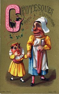 Letter G: Grotesken toegelaten tot de tentoonstelling. Gravure in "Alphabet des grotesques". Serie van 25 reclamechromolithografieën op een gouden achtergrond, eind 19e eeuw. door Unbekannt