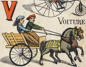 Letter V voor auto. Gravure in "ABC Toys". Epinal imaging in chromolithografie, circa 1890.