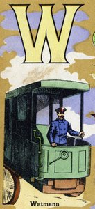Letter W zoals Watmann met een treinbestuurder. Geïllustreerd alfabet. Beelden verzameld in Jarville-Nancy, begin 20e eeuw.