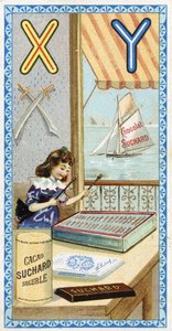 Letter X: xylofonist en Y: yatagan, jacht. Gravure van het Alfabet uitgegeven door Chocolat Suchard, begin 20e eeuw. 24 chromolithografieën. door Unbekannt
