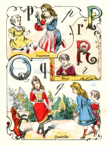 Letters P Q en R zoals angstig, lachen en quadrille. Gravure in "Leuk Alfabet". Beelden van Pont-a-Mousson. Druk en uitgave Louis Vagne, eind 19e eeuw. door Unbekannt