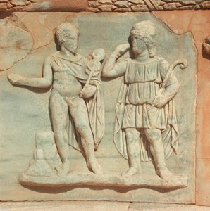 Libië, Historisch Tripolitanië, Oud Sabratha, Theater, Detail van reliëf door William M. Timlin