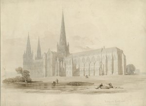 Lichfield Cathedral - Zuidoostaanzicht: tekening en was, nd [?19e eeuw] door Unbekannt
