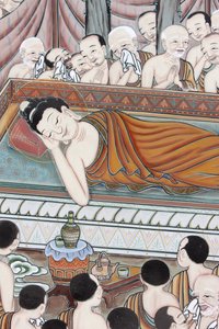 Leven van Boeddha. Na 45 jaar het Dharma onderwezen te hebben, ging de Boeddha over in Parinirvana, Seoul, Zuid-Korea