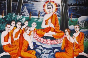 Leven van de Boeddha. Boeddha trainde zijn discipelen in de kunst van het vragen stellen, Siem Reap, Cambodja