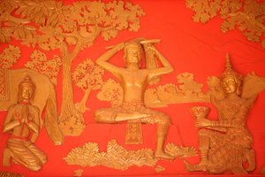 Leven van de Boeddha. De Grote Tonsuur: de Boeddha knipt zijn haar met zijn zwaard. Phnom Penh Cambodja door Unbekannt