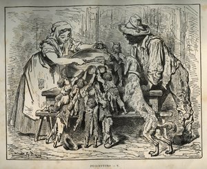 Klein Kippetje en zijn hongerige broers. Gravure door Gustave Doré (1832-1883) uit 