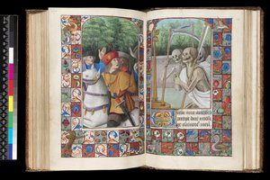 MS 92 f.132v-133r, Dodenofficie, Metten, De Drie Levenden en de Drie Doden, uit een Getijdenboek, West-Frankrijk, gebruik van Rome, 1490-1510 door Unbekannt