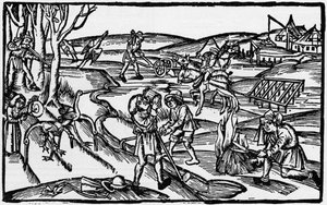 Middeleeuws landelijk leven uit 16e-eeuwse gravure, gepubliceerd in 1931 door Unbekannter Künstler