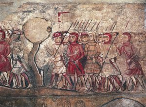 Militaire vergadering voorgezeten door koning James I van Aragon, bekend als de Veroveraar, fresco van het Palau Reial Major, Barcelona door Unbekannter Künstler