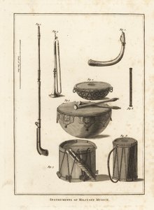 Militaire muziekinstrumenten: trompet, hoorn, fluit, keteltrom, zijtrom
