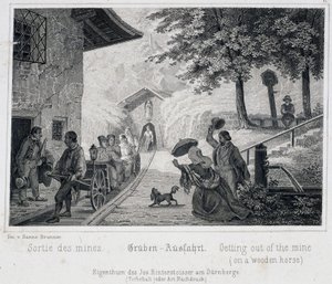 Zoutmijn: de uitgang van de toeristen uit de mijn op een houten voertuig getrokken op rails, in Durrnburg, Oostenrijk, rond 1850 door Unbekannt