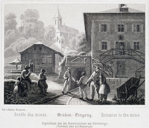 Zoutmijn: de ingang van de mijn, in Durrnberg, Oostenrijk, rond 1850 door Unbekannt