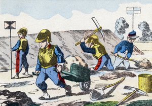 Minderjarigen. Gravure in "Alphabet militaire enfantin". Beeldmateriaal van Pont-a-Mousson, circa 1890.