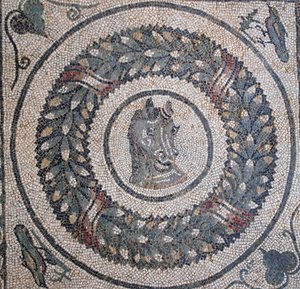 Mozaïek van het peristilium. Detail van een paardenkop. 3e - 4e eeuw. Romeinse Villa van de Casale, Sicilië. UNESCO-site. door William M. Timlin